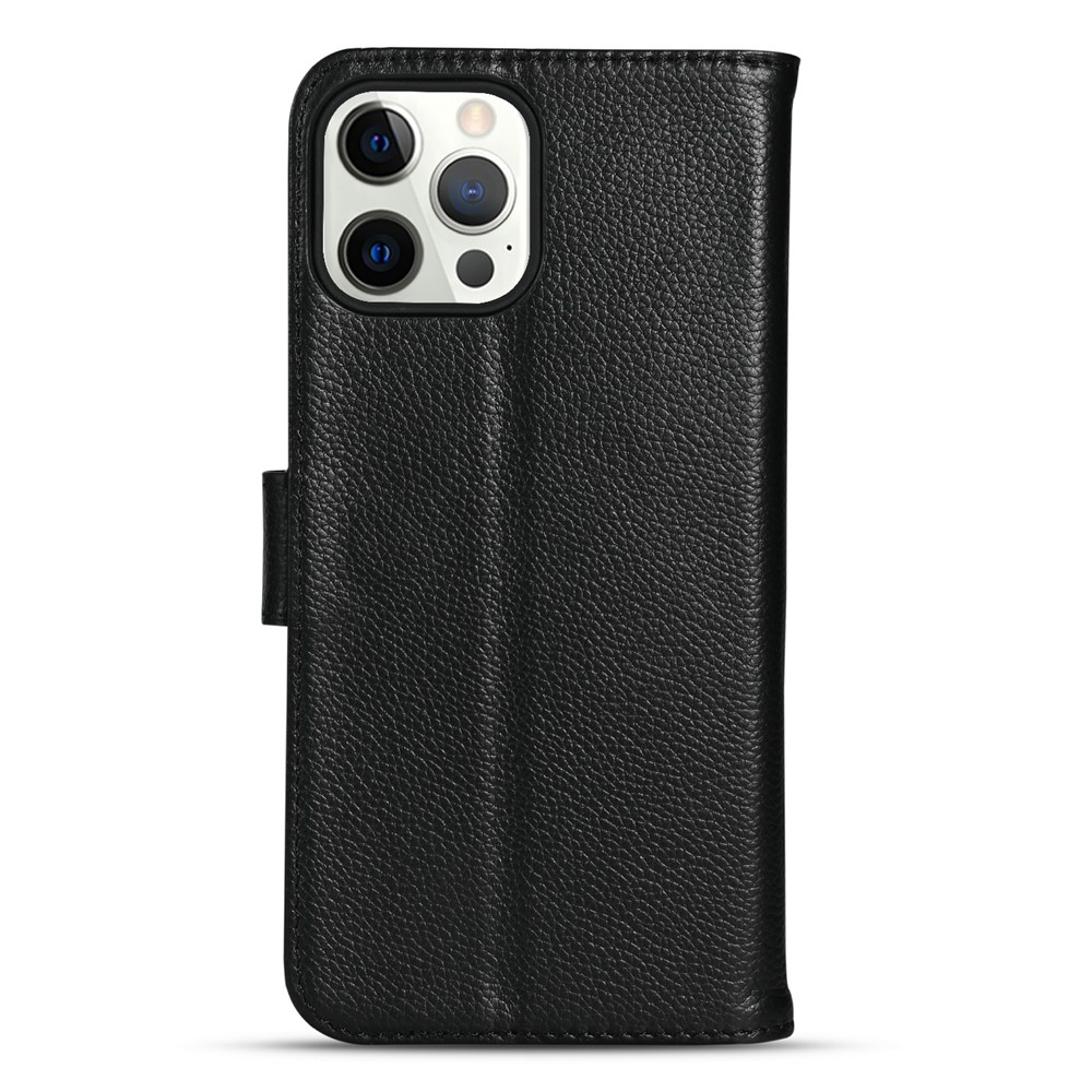 Litchi Texture Stand Genuine Leather Wallet Magnetic Flip Cover for iPhone 13 Pro Max 6.1 inch - Black-2