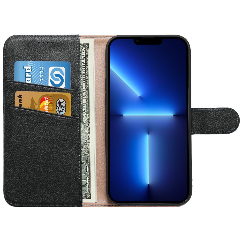 Litchi Texture Stand Genuine Leather Wallet Magnetic Flip Cover for iPhone 13 Pro Max 6.1 inch - Black-4