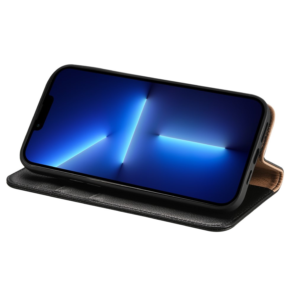 Litchi Texture Stand Genuine Leather Wallet Magnetic Flip Cover for iPhone 13 Pro Max 6.1 inch - Black-5
