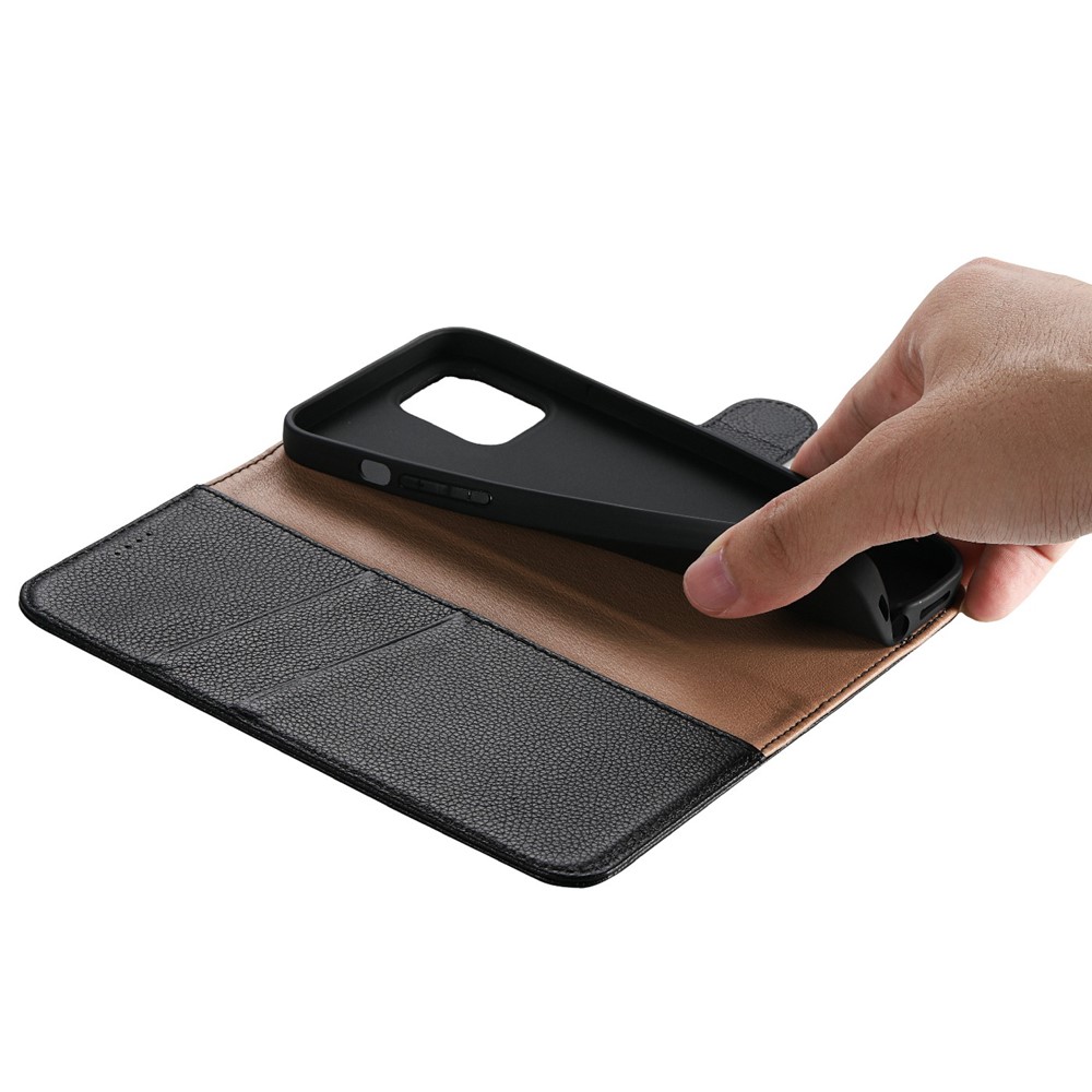 Litchi Texture Stand Genuine Leather Wallet Magnetic Flip Cover for iPhone 13 Pro Max 6.1 inch - Black-6