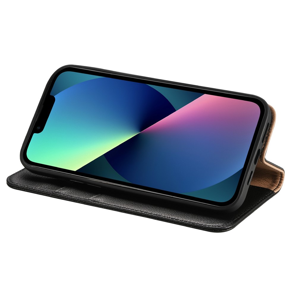 Litchi Texture Genuine Leather Magnetic Closure Stand Flip Cover Shockproof TPU Case for iPhone 13 6.1 inch - Black-4