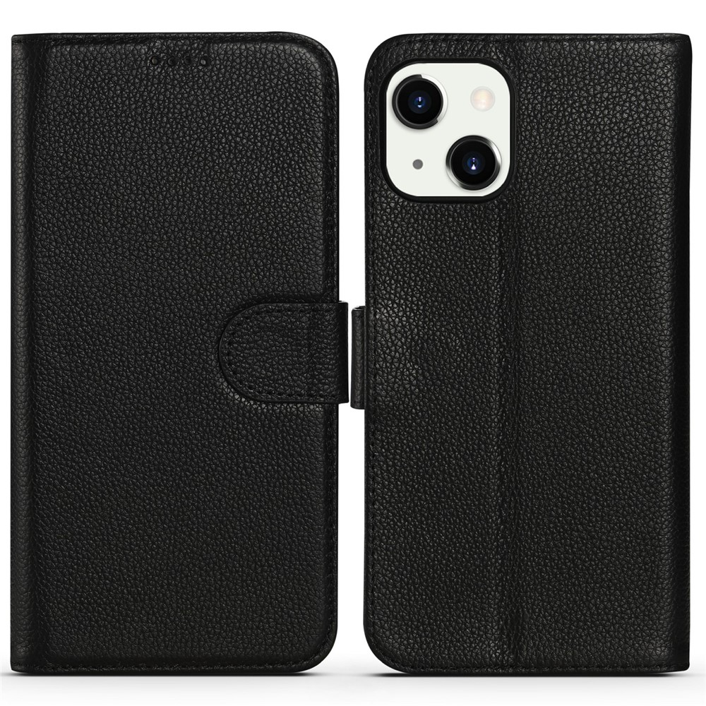 Litchi Texture Wallet Case Cowhide Genuine Leather Folio Flip Cover with Horizontal Viewing Stand for iPhone 13 mini 5.4 inch - Black-1