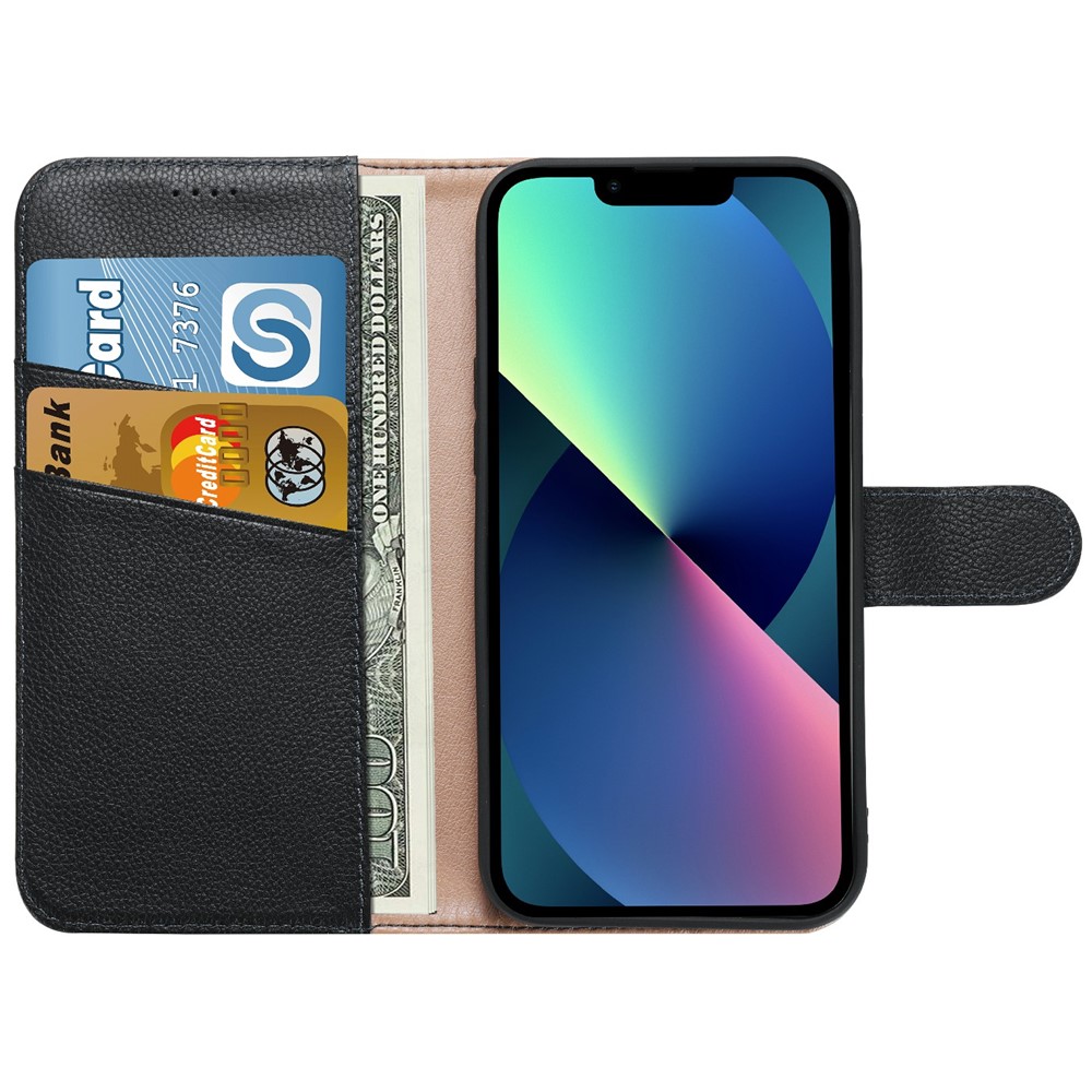 Litchi Texture Wallet Case Cowhide Genuine Leather Folio Flip Cover with Horizontal Viewing Stand for iPhone 13 mini 5.4 inch - Black-5
