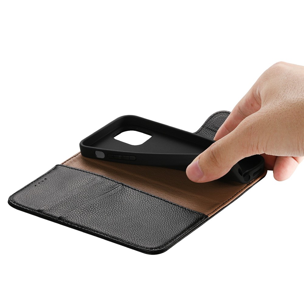 Litchi Texture Wallet Case Cowhide Genuine Leather Folio Flip Cover with Horizontal Viewing Stand for iPhone 13 mini 5.4 inch - Black-6