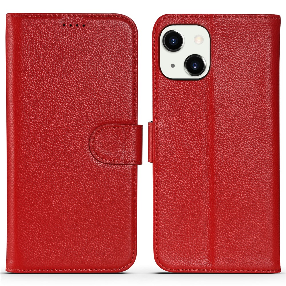Litchi Texture Wallet Case Genuine Leather Folio Flip Cover with Horizontal Viewing Stand for iPhone 13 mini 5.4 inch - Red