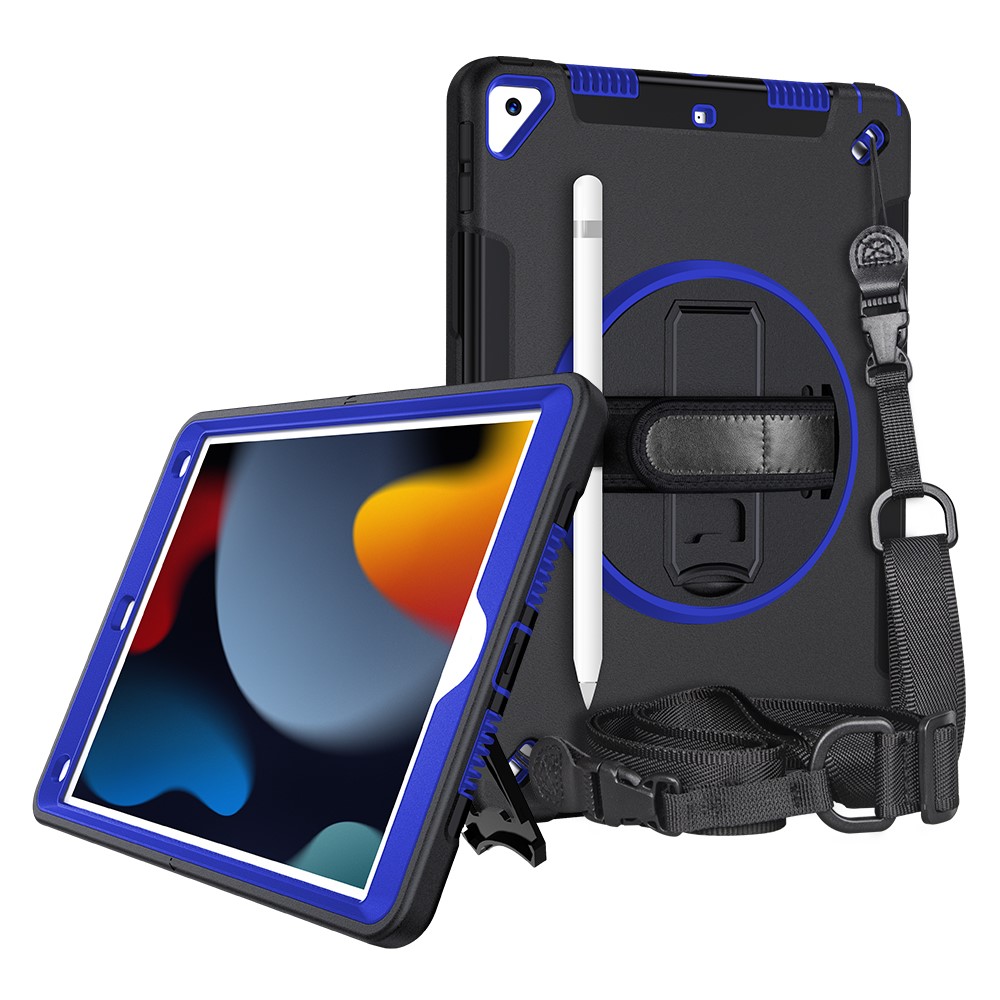 Kickstand Anti-Drop Silicone Hard PC Well-Protected Hybrid Cover with Rotatable Hand Strap Pencil Holder Shoulder Strap for iPad 10.2 (2019)/(2020)/(2021) - Dark Blue