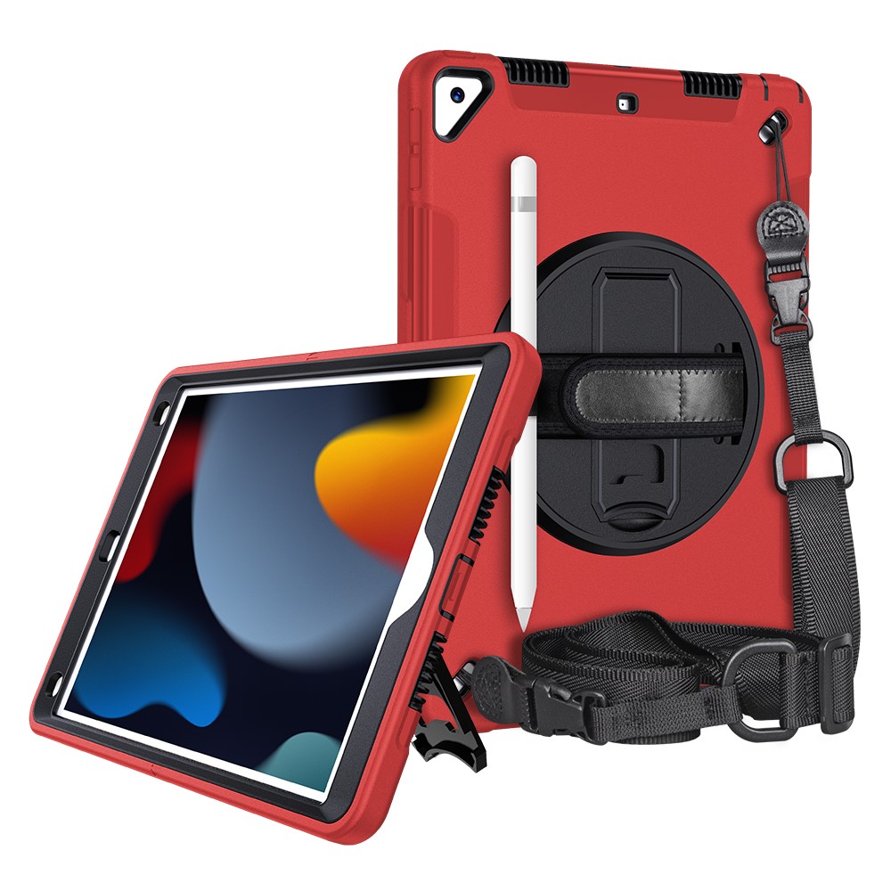 Kickstand Anti-Drop Silicone Hard PC Well-Protected Hybrid Cover with Rotatable Hand Strap Pencil Holder Shoulder Strap for iPad 10.2 (2019)/(2020)/(2021) - Red
