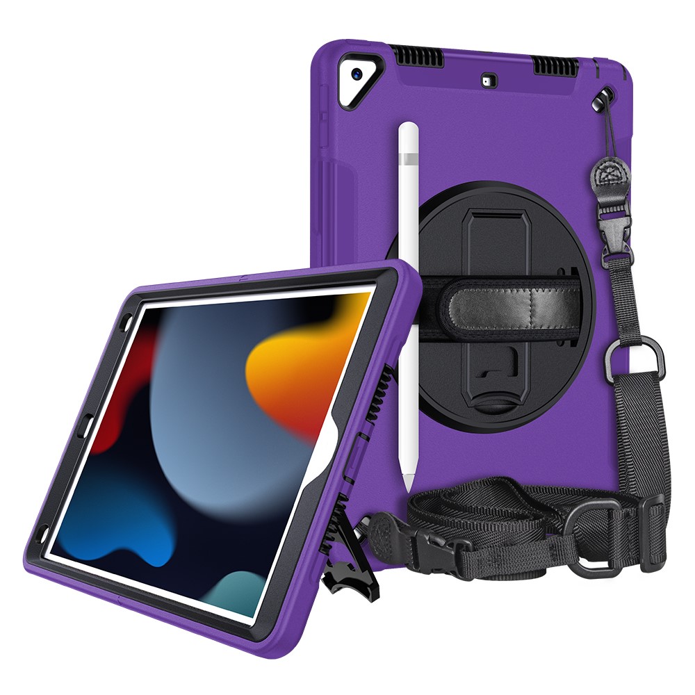 Kickstand Anti-Drop Silicone Hard PC Well-Protected Hybrid Cover with Rotatable Hand Strap Pencil Holder Shoulder Strap for iPad 10.2 (2019)/(2020)/(2021) - Purple