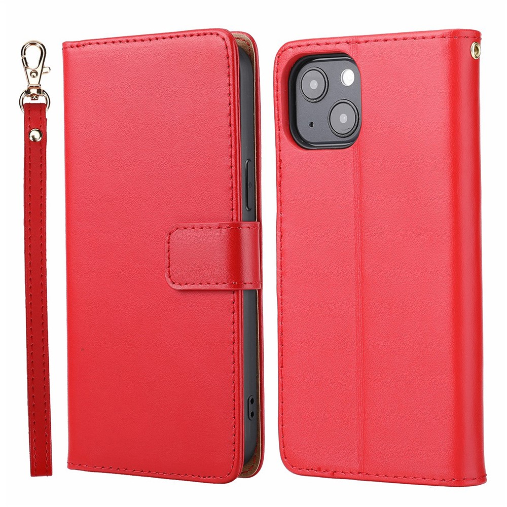 Shockproof Phone Case Genuine Leather TPU Phone Cover Wallet Stand Shell with Strap for iPhone 13 6.1 inch - Red-1