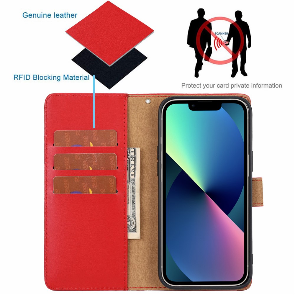 Shockproof Phone Case Genuine Leather TPU Phone Cover Wallet Stand Shell with Strap for iPhone 13 6.1 inch - Red-10