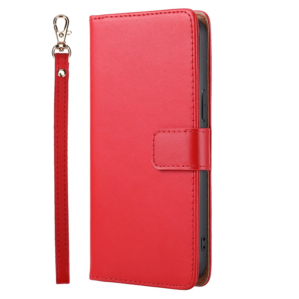 Shockproof Phone Case Genuine Leather TPU Phone Cover Wallet Stand Shell with Strap for iPhone 13 6.1 inch - Red-2