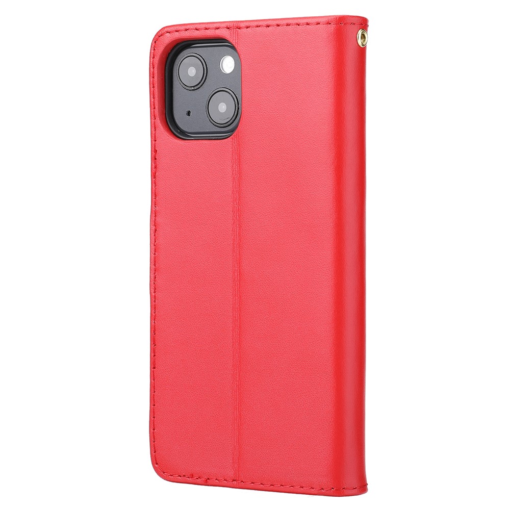 Shockproof Phone Case Genuine Leather TPU Phone Cover Wallet Stand Shell with Strap for iPhone 13 6.1 inch - Red-3