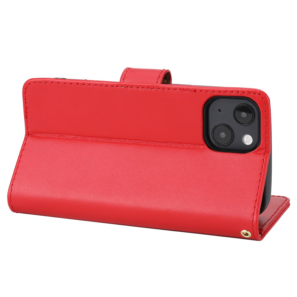 Shockproof Phone Case Genuine Leather TPU Phone Cover Wallet Stand Shell with Strap for iPhone 13 6.1 inch - Red-4
