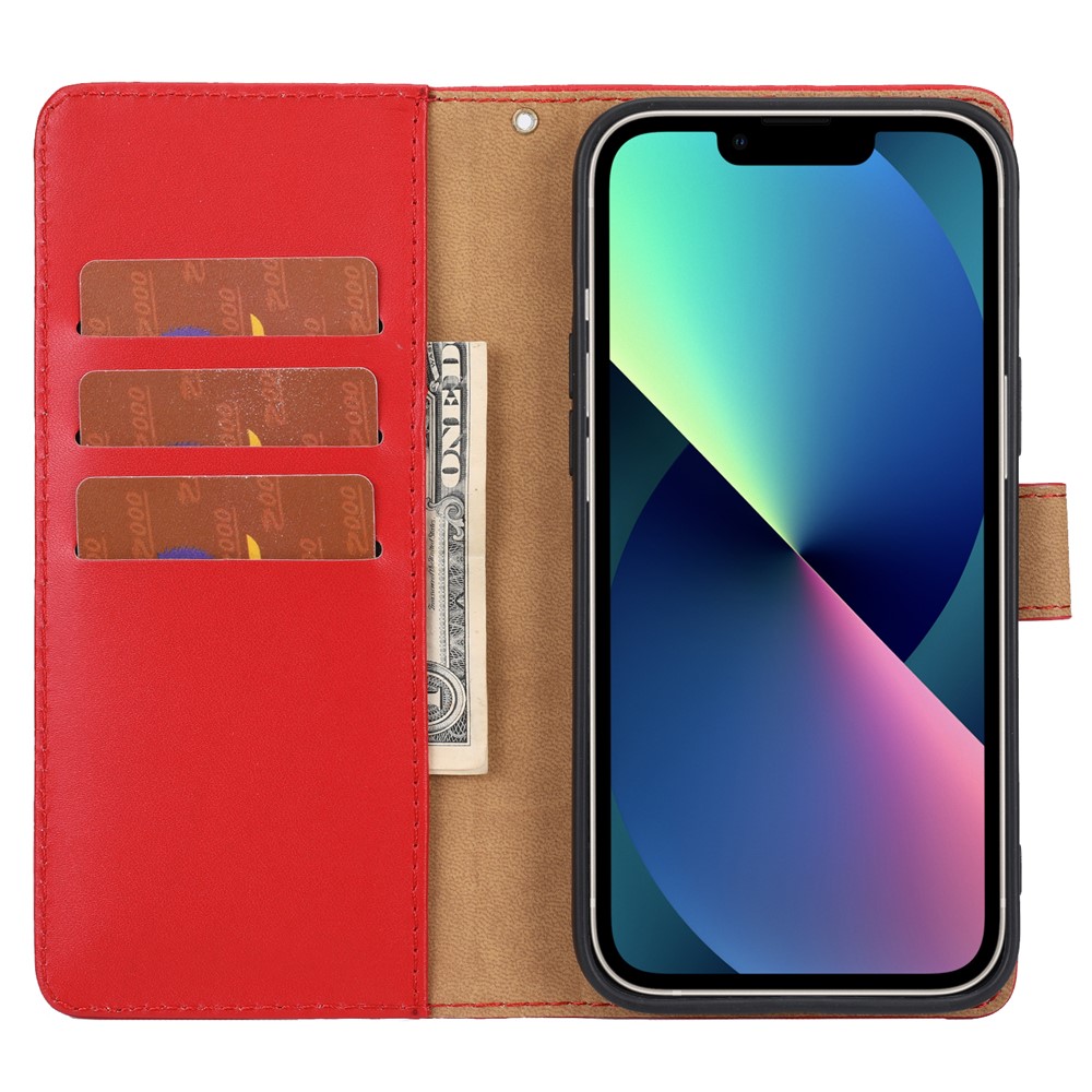 Shockproof Phone Case Genuine Leather TPU Phone Cover Wallet Stand Shell with Strap for iPhone 13 6.1 inch - Red-5
