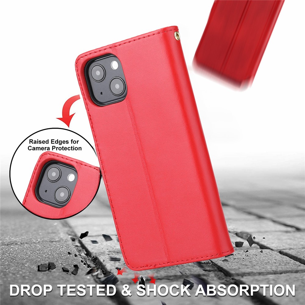 Shockproof Phone Case Genuine Leather TPU Phone Cover Wallet Stand Shell with Strap for iPhone 13 6.1 inch - Red-7