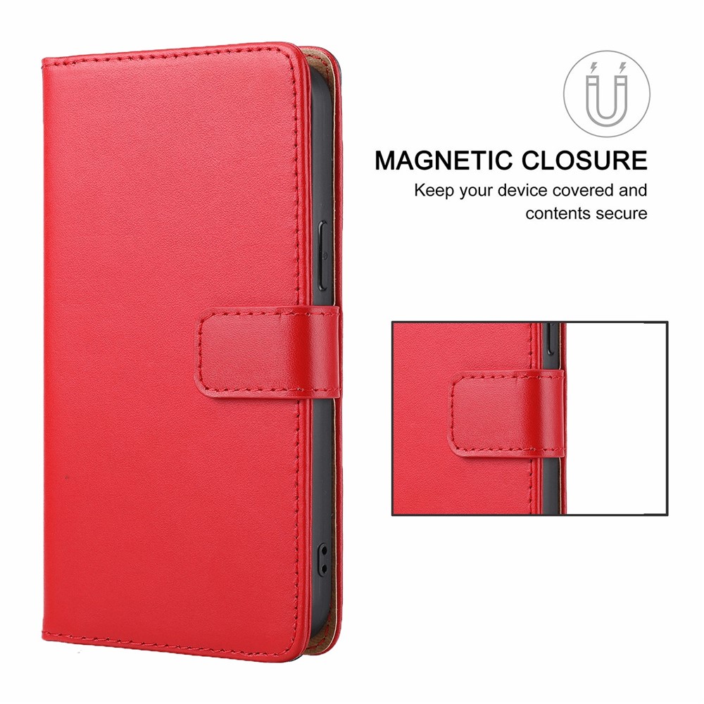 Shockproof Phone Case Genuine Leather TPU Phone Cover Wallet Stand Shell with Strap for iPhone 13 6.1 inch - Red-8