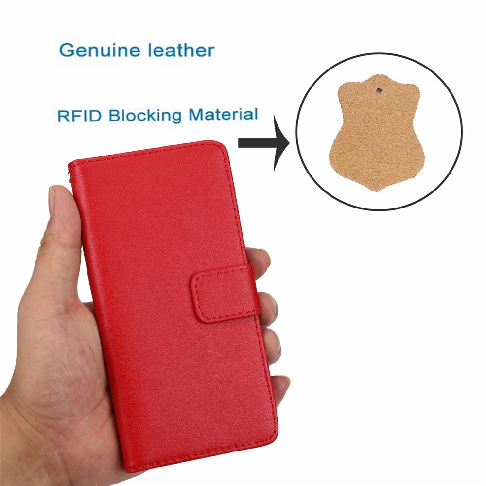 Shockproof Phone Case Genuine Leather TPU Phone Cover Wallet Stand Shell with Strap for iPhone 13 6.1 inch - Red-9