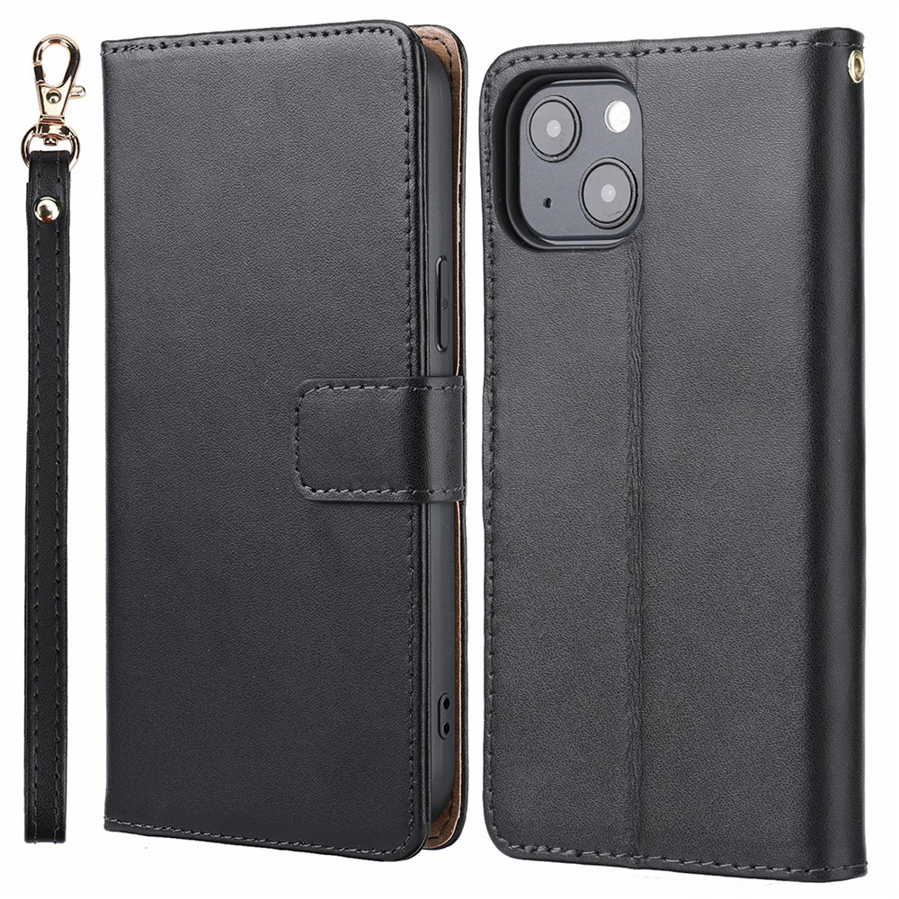 Retro Style Anti-theft Phone Case Genuine Leather Wallet Stand Case with Strap for iPhone 13 mini 5.4 inch - Black-1