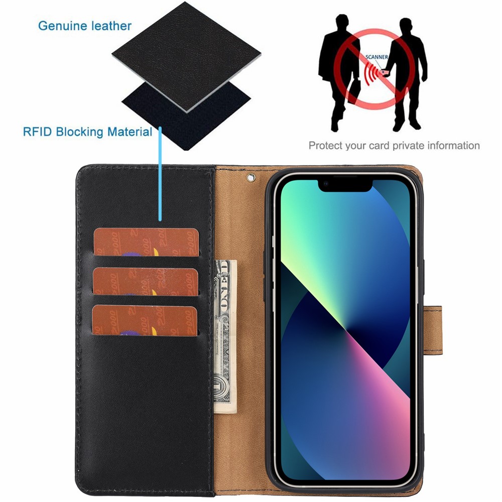 Retro Style Anti-theft Phone Case Genuine Leather Wallet Stand Case with Strap for iPhone 13 mini 5.4 inch - Black-10
