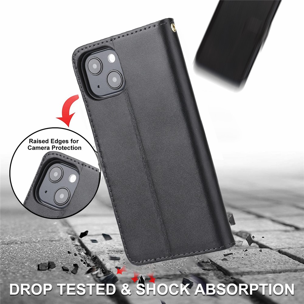 Retro Style Anti-theft Phone Case Genuine Leather Wallet Stand Case with Strap for iPhone 13 mini 5.4 inch - Black-7