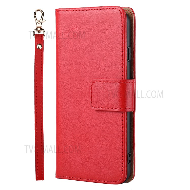 RFID Blocking Tech Design Phone Case Genuine Leather Phone Cover Wallet Stand Shell with Strap for iPhone 7/8/SE (2nd Generation) - Red-2
