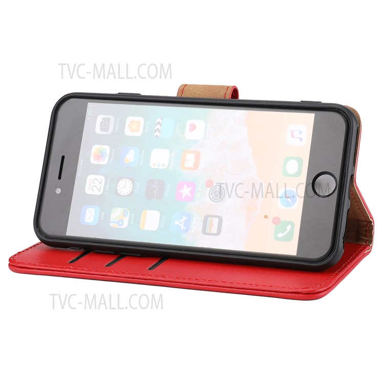 RFID Blocking Tech Design Phone Case Genuine Leather Phone Cover Wallet Stand Shell with Strap for iPhone 7/8/SE (2nd Generation) - Red-4