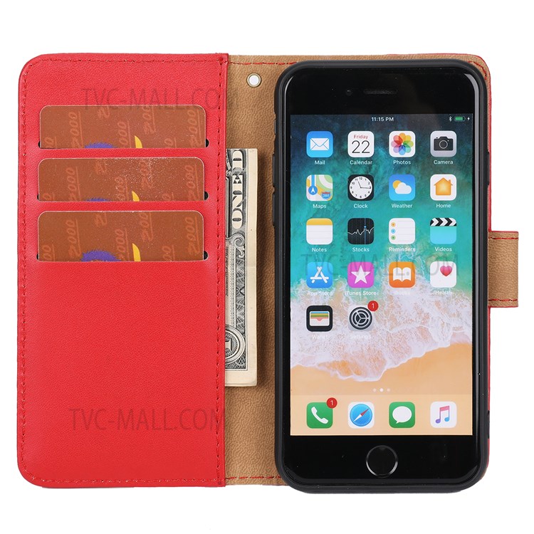 RFID Blocking Tech Design Phone Case Genuine Leather Phone Cover Wallet Stand Shell with Strap for iPhone 7/8/SE (2nd Generation) - Red-5