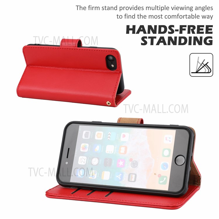 RFID Blocking Tech Design Phone Case Genuine Leather Phone Cover Wallet Stand Shell with Strap for iPhone 7/8/SE (2nd Generation) - Red-6