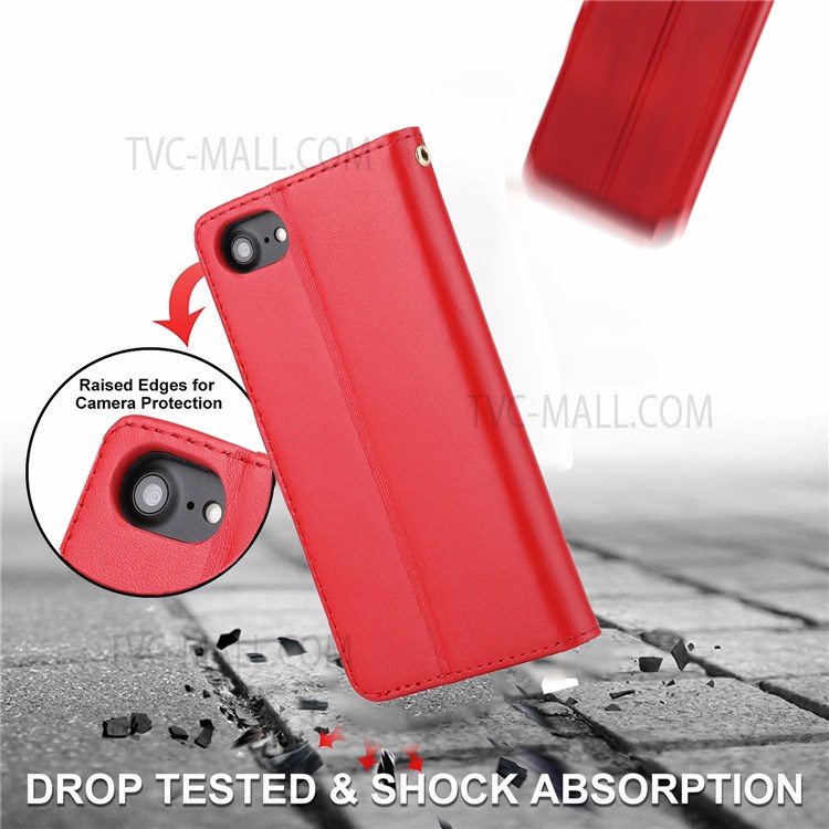 RFID Blocking Tech Design Phone Case Genuine Leather Phone Cover Wallet Stand Shell with Strap for iPhone 7/8/SE (2nd Generation) - Red-7