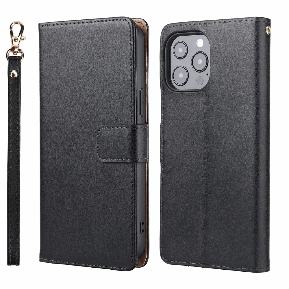 Anti-theft Design Phone Case Wallet Stand Genuine Leather Phone Cover with Strap for iPhone 13 Pro Max 6.7 inch - Black-1