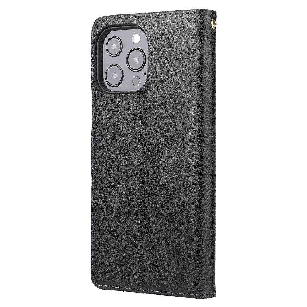 Anti-theft Design Phone Case Wallet Stand Genuine Leather Phone Cover with Strap for iPhone 13 Pro Max 6.7 inch - Black-3