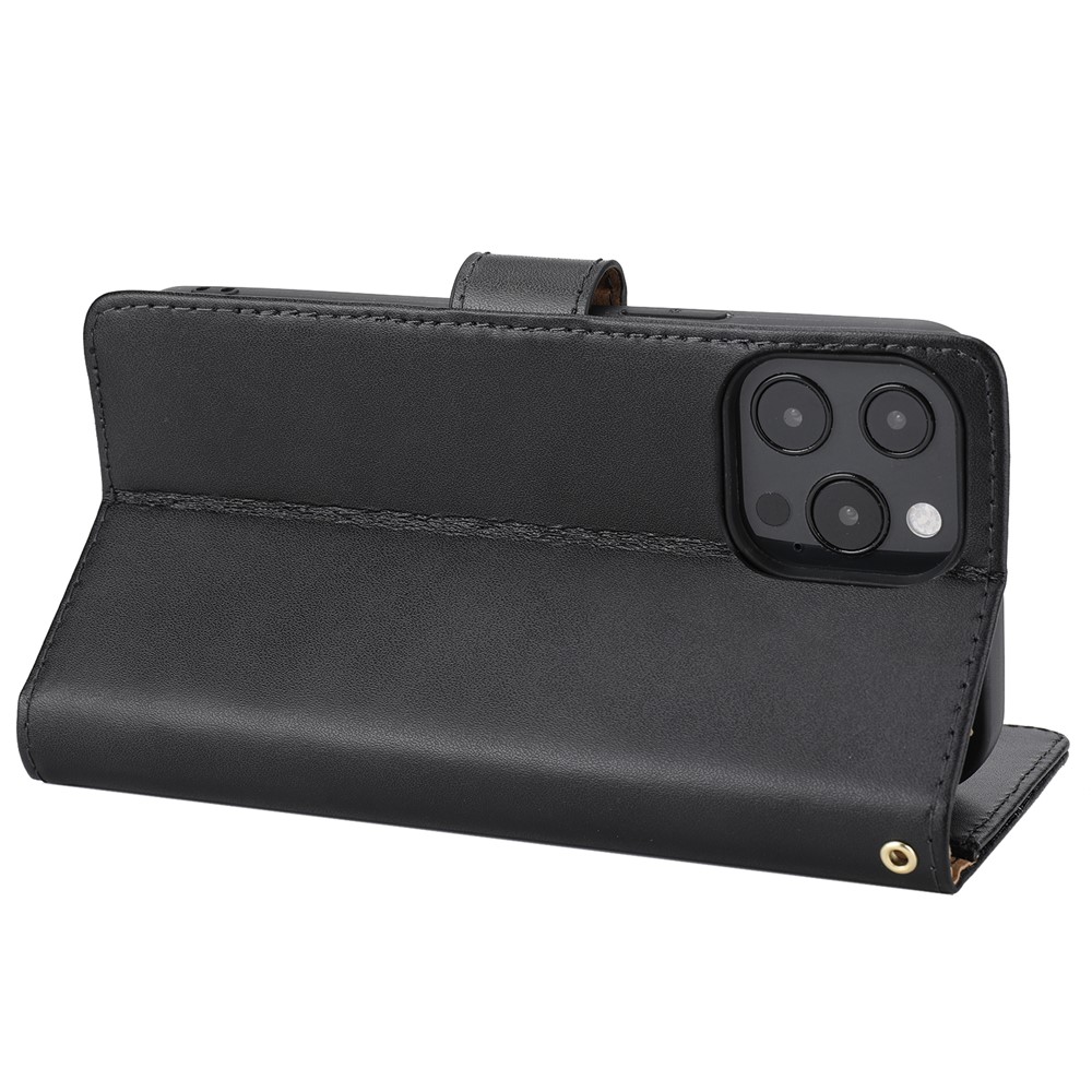 Anti-theft Design Phone Case Wallet Stand Genuine Leather Phone Cover with Strap for iPhone 13 Pro Max 6.7 inch - Black-4