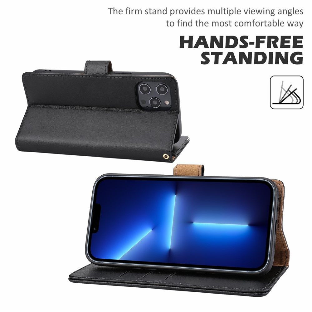 Anti-theft Design Phone Case Wallet Stand Genuine Leather Phone Cover with Strap for iPhone 13 Pro Max 6.7 inch - Black-6