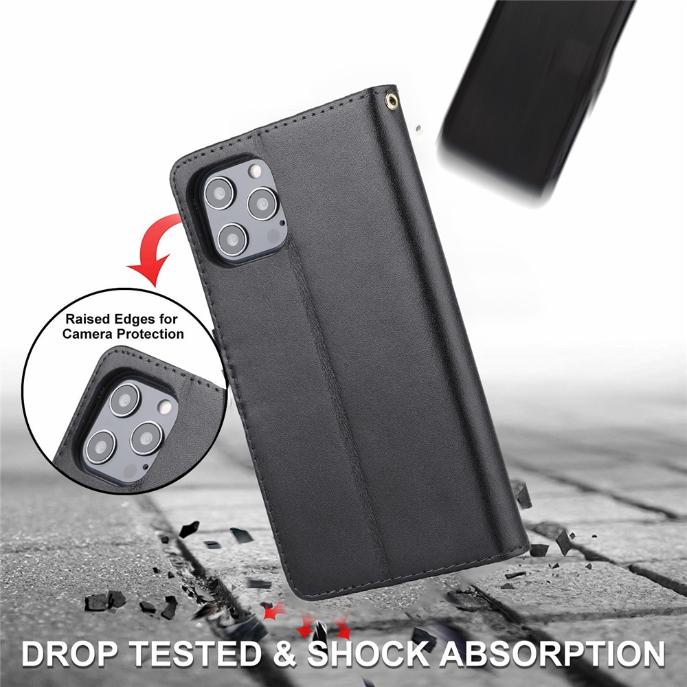 Anti-theft Design Phone Case Wallet Stand Genuine Leather Phone Cover with Strap for iPhone 13 Pro Max 6.7 inch - Black-7