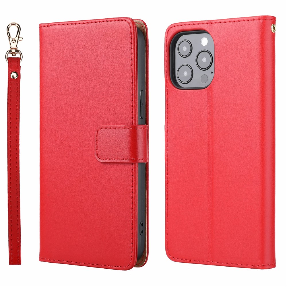Anti-theft Design Phone Case Wallet Stand Genuine Leather Phone Cover with Strap for iPhone 13 Pro Max 6.7 inch - Red-1