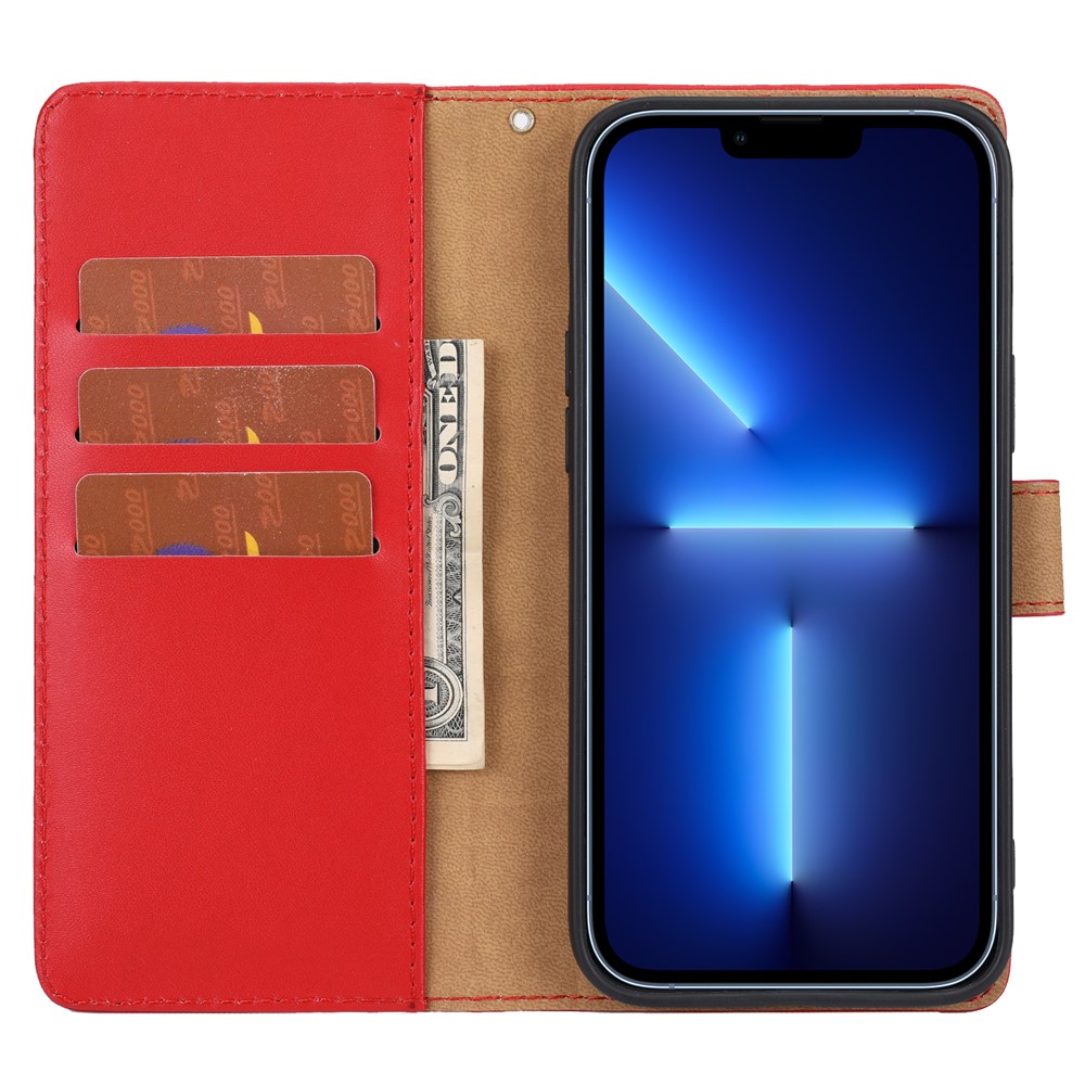 Anti-theft Design Phone Case Wallet Stand Genuine Leather Phone Cover with Strap for iPhone 13 Pro Max 6.7 inch - Red-5