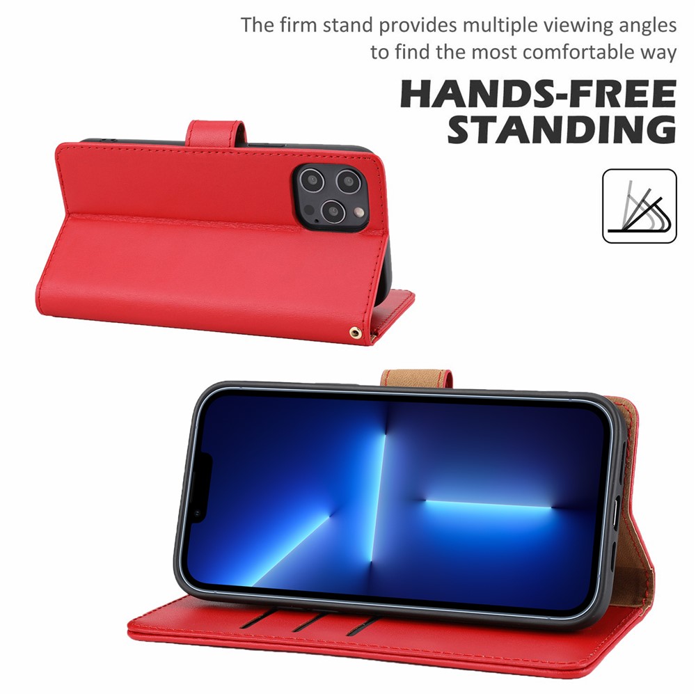 Anti-theft Design Phone Case Wallet Stand Genuine Leather Phone Cover with Strap for iPhone 13 Pro Max 6.7 inch - Red-6
