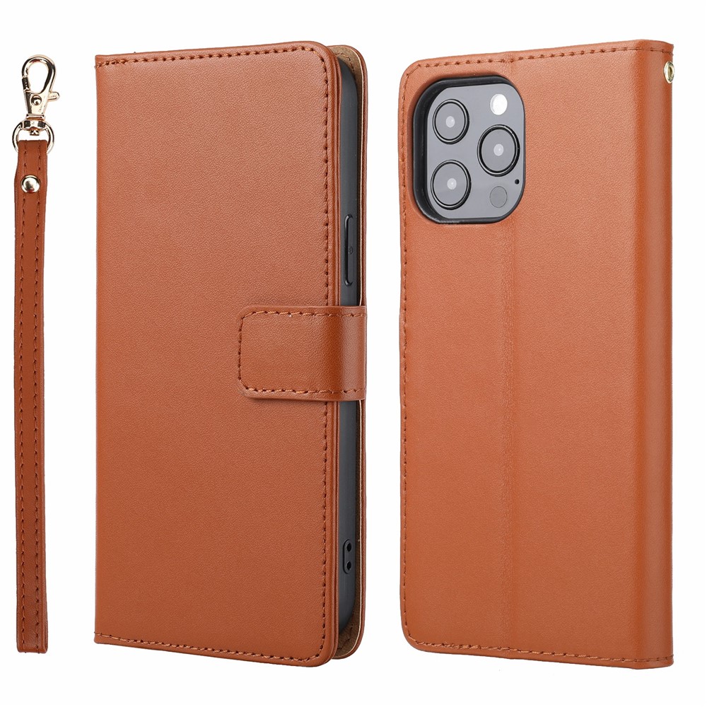 Retro Style Anti-drop Genuine Leather Phone Cover Wallet Stand Shell with Strap Phone Case for iPhone 13 Pro 6.1 inch - Brown-1