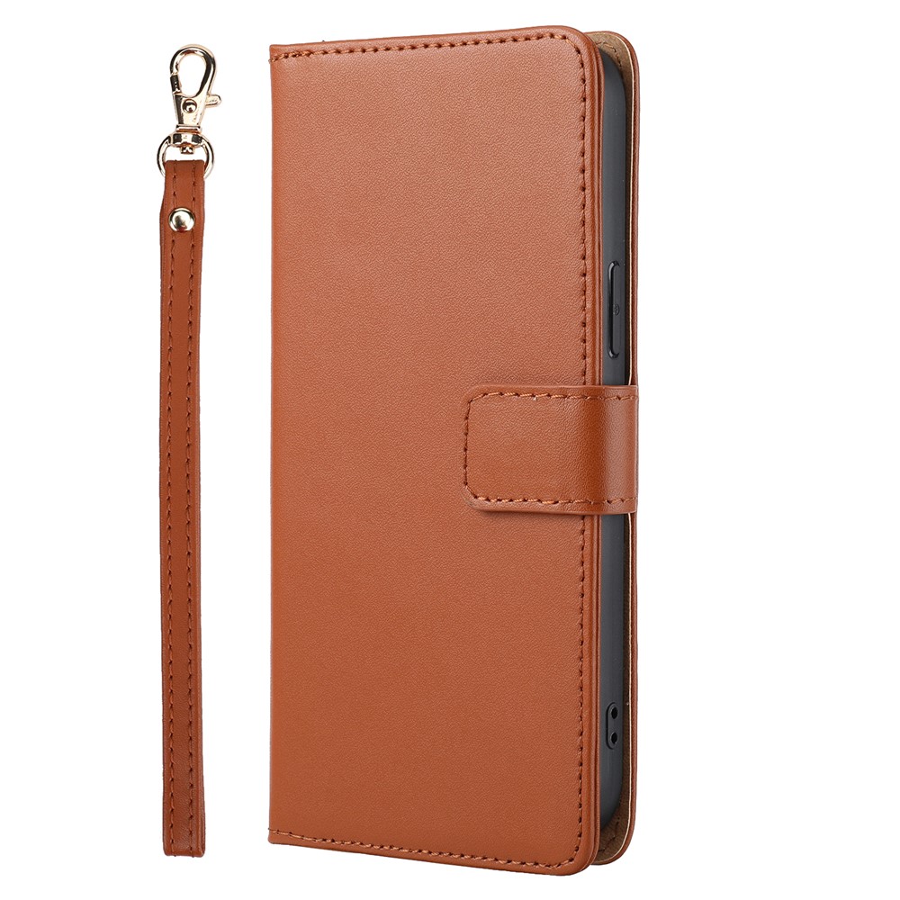 Retro Style Anti-drop Genuine Leather Phone Cover Wallet Stand Shell with Strap Phone Case for iPhone 13 Pro 6.1 inch - Brown-2