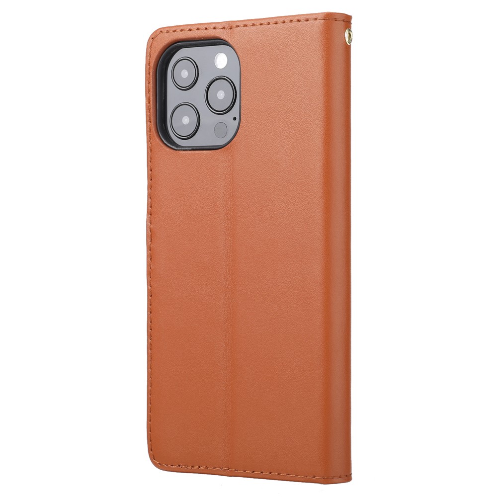 Retro Style Anti-drop Genuine Leather Phone Cover Wallet Stand Shell with Strap Phone Case for iPhone 13 Pro 6.1 inch - Brown-3
