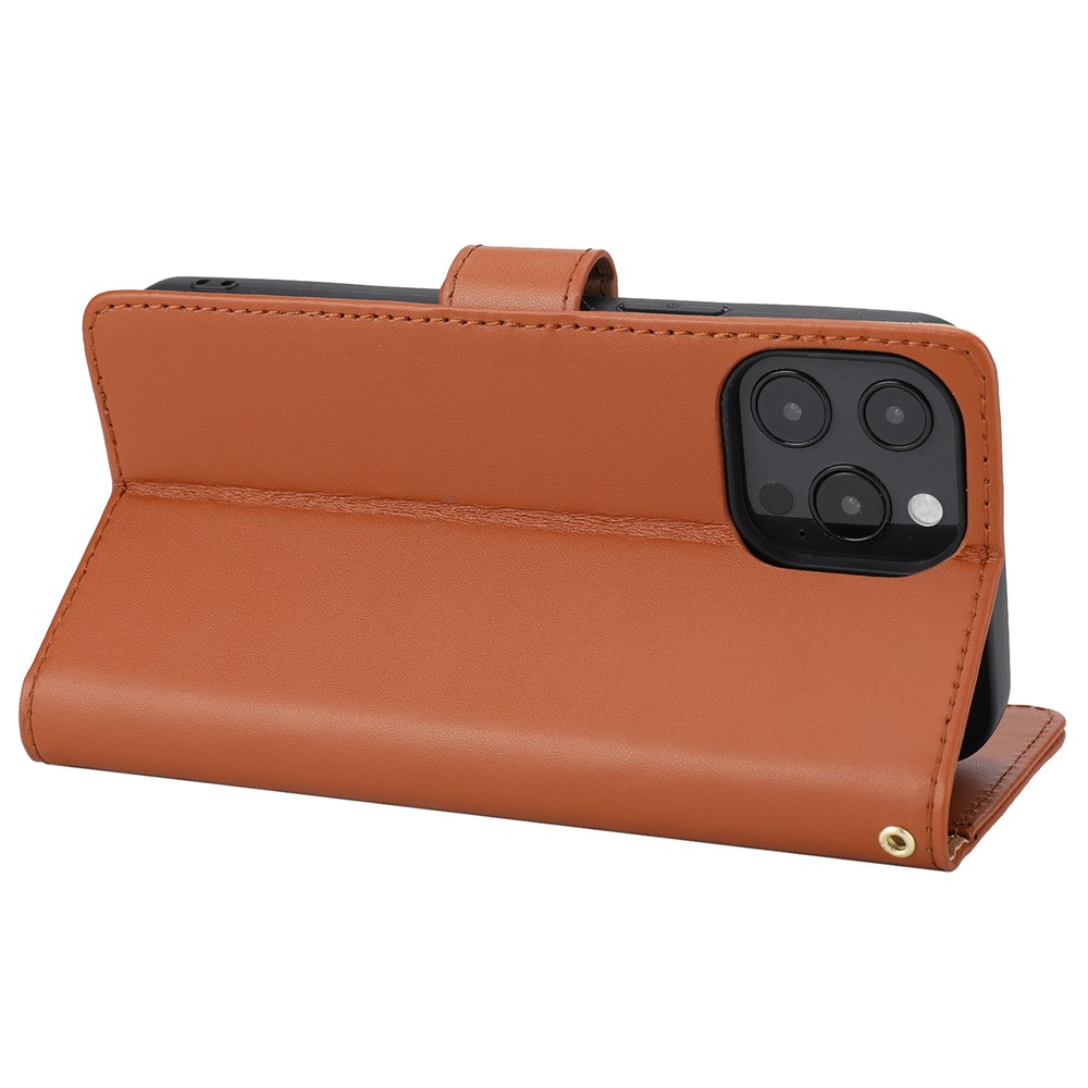 Retro Style Anti-drop Genuine Leather Phone Cover Wallet Stand Shell with Strap Phone Case for iPhone 13 Pro 6.1 inch - Brown-4