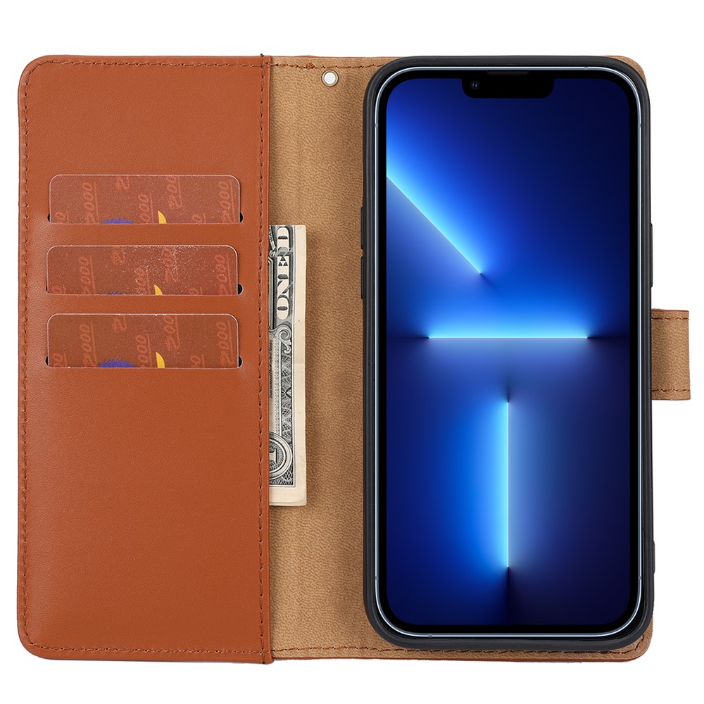 Retro Style Anti-drop Genuine Leather Phone Cover Wallet Stand Shell with Strap Phone Case for iPhone 13 Pro 6.1 inch - Brown-5