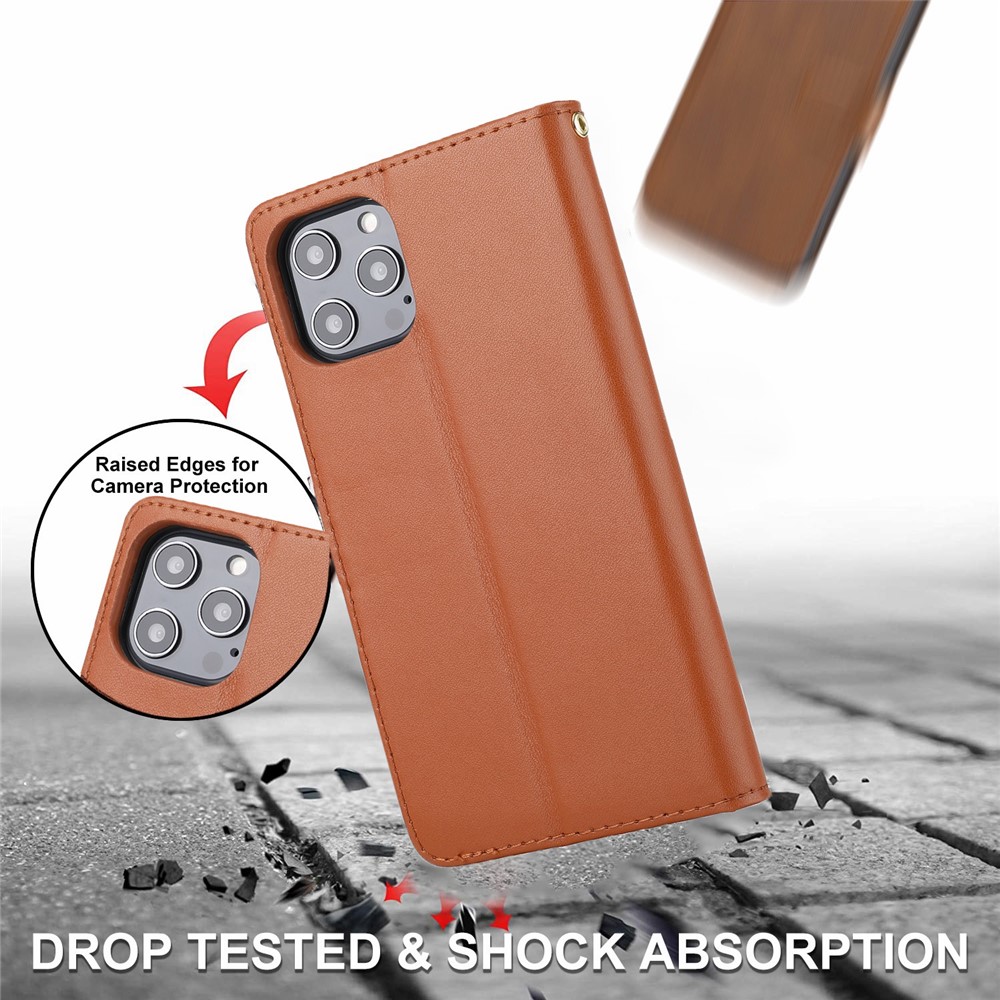 Retro Style Anti-drop Genuine Leather Phone Cover Wallet Stand Shell with Strap Phone Case for iPhone 13 Pro 6.1 inch - Brown-7