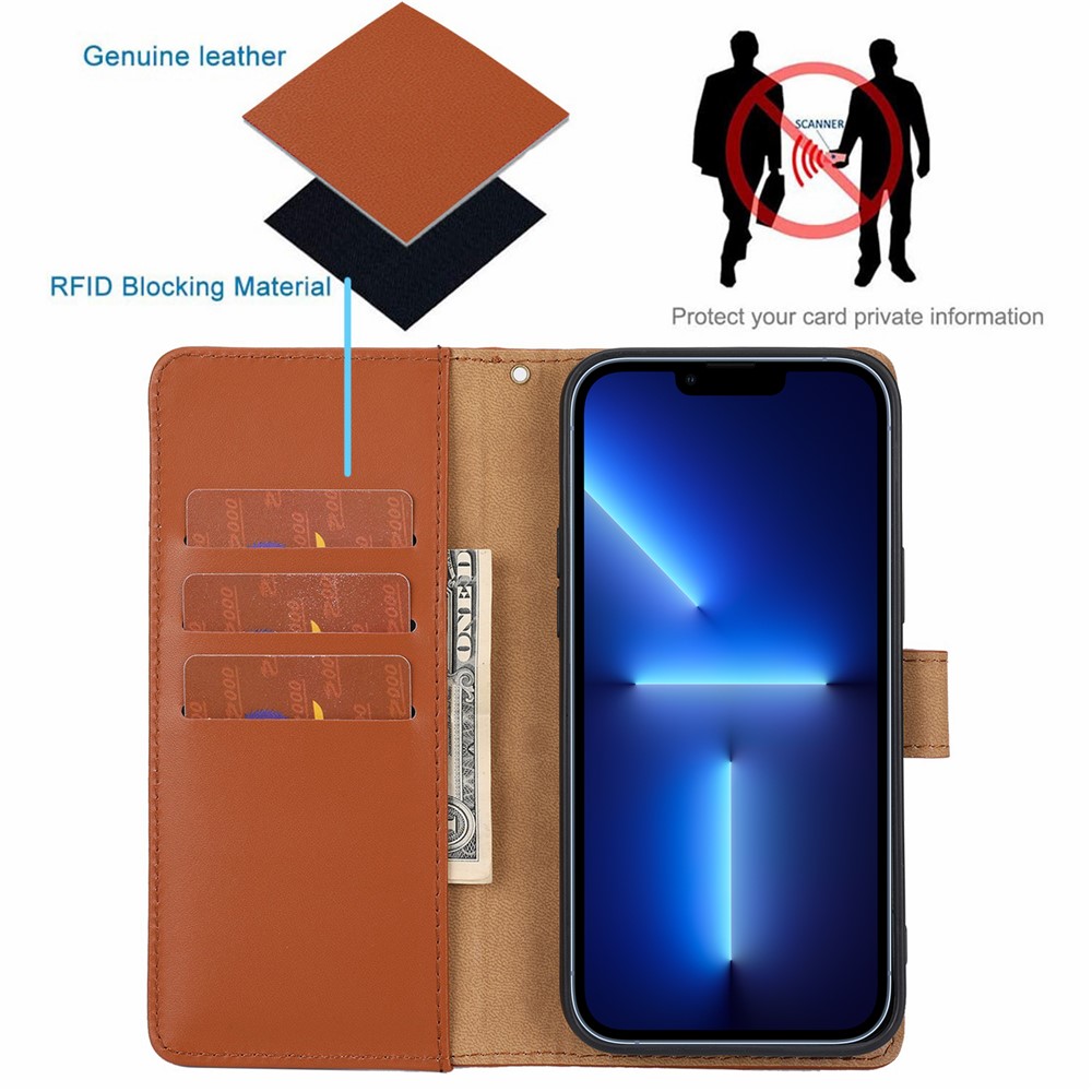 Retro Style Anti-drop Genuine Leather Phone Cover Wallet Stand Shell with Strap Phone Case for iPhone 13 Pro 6.1 inch - Brown-9