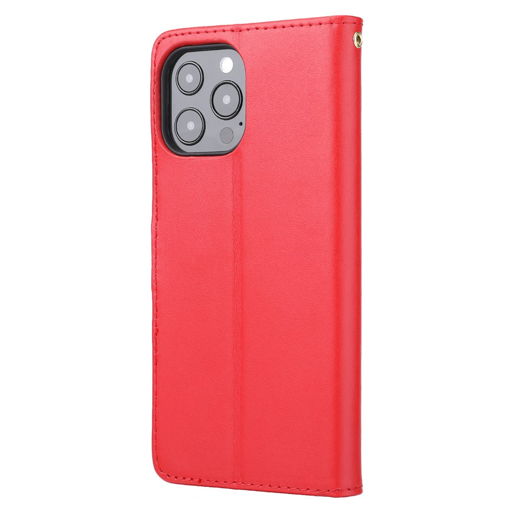 Retro Style Anti-drop Genuine Leather Phone Cover Wallet Stand Shell with Strap Phone Case for iPhone 13 Pro 6.1 inch - Red-3