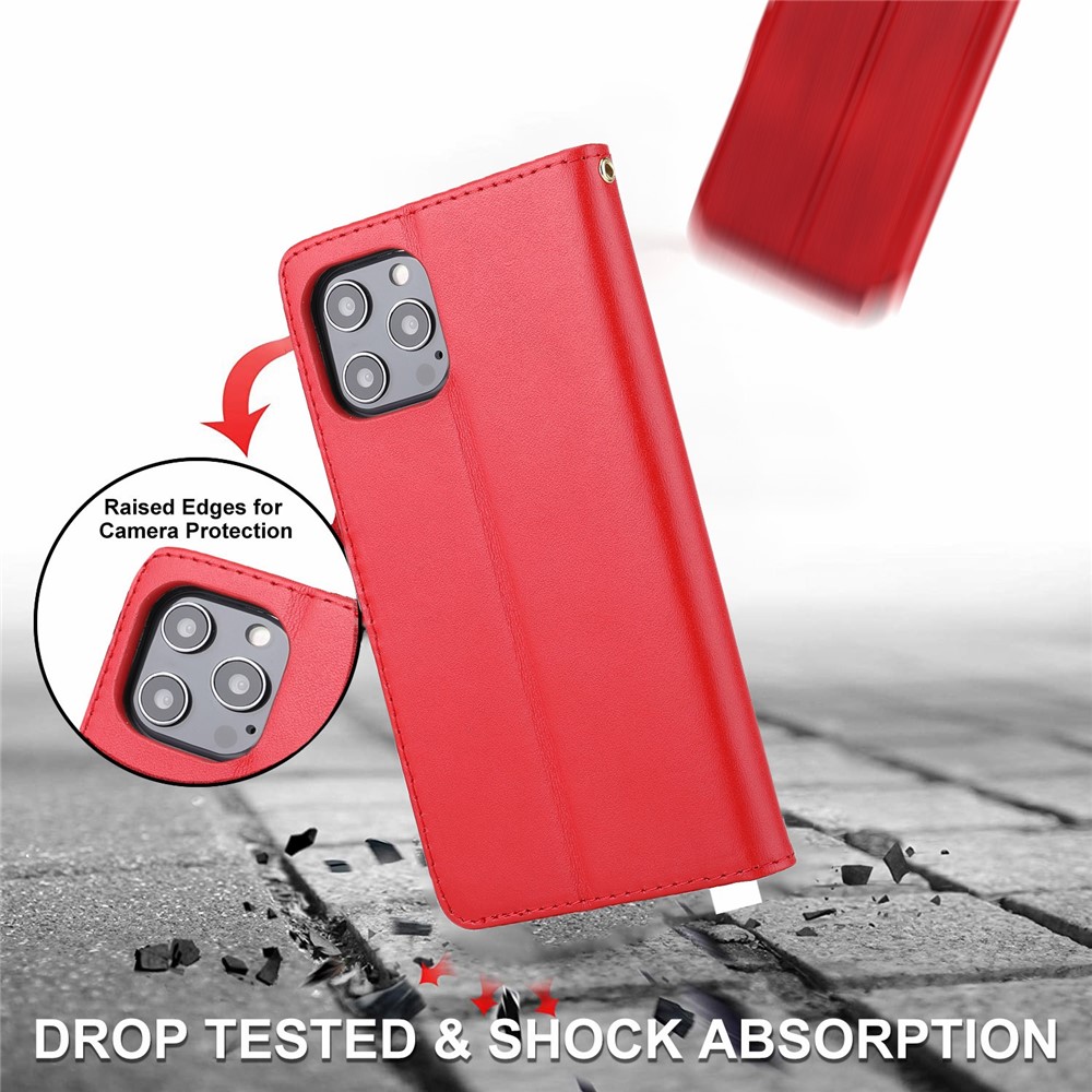 Retro Style Anti-drop Genuine Leather Phone Cover Wallet Stand Shell with Strap Phone Case for iPhone 13 Pro 6.1 inch - Red-7