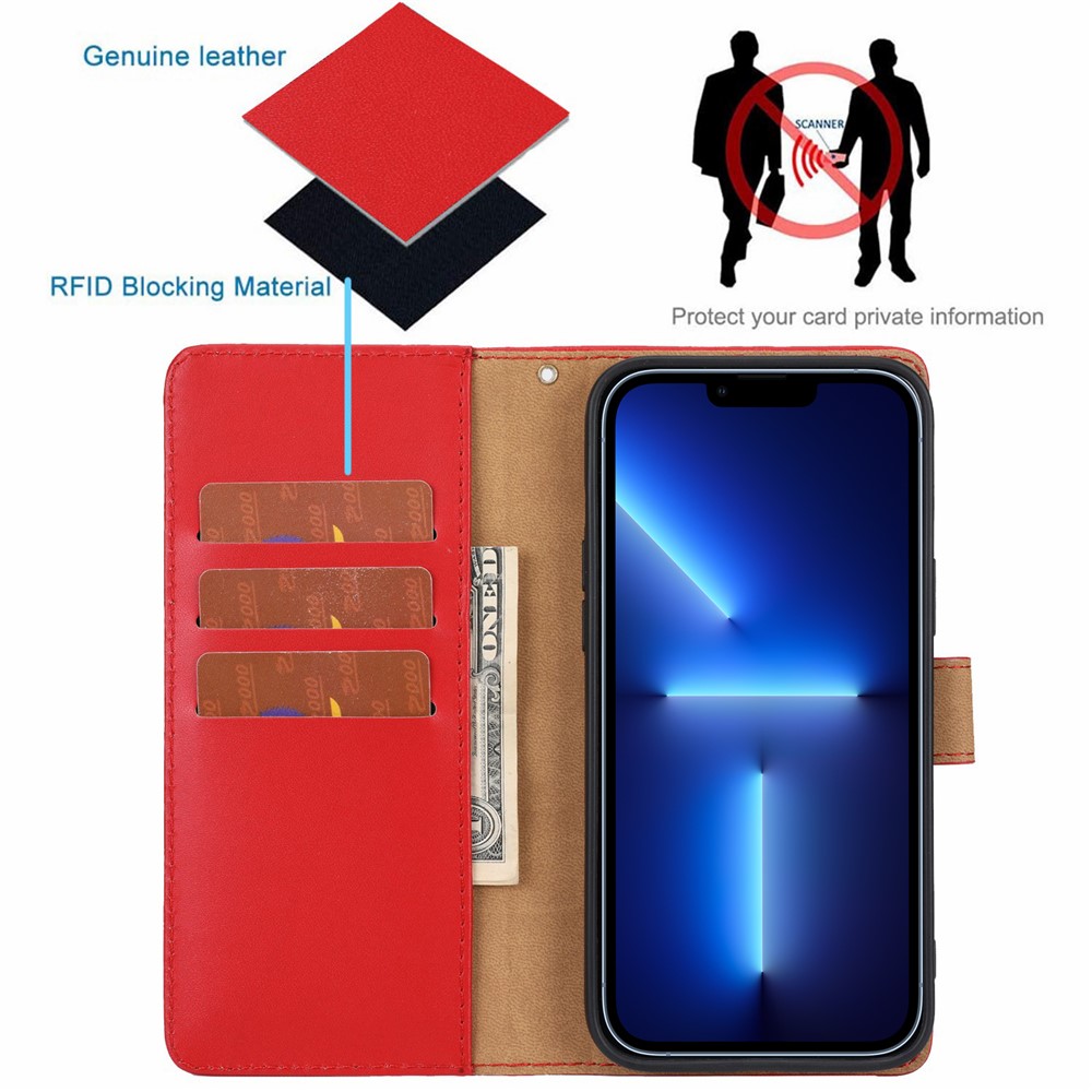 Retro Style Anti-drop Genuine Leather Phone Cover Wallet Stand Shell with Strap Phone Case for iPhone 13 Pro 6.1 inch - Red-9
