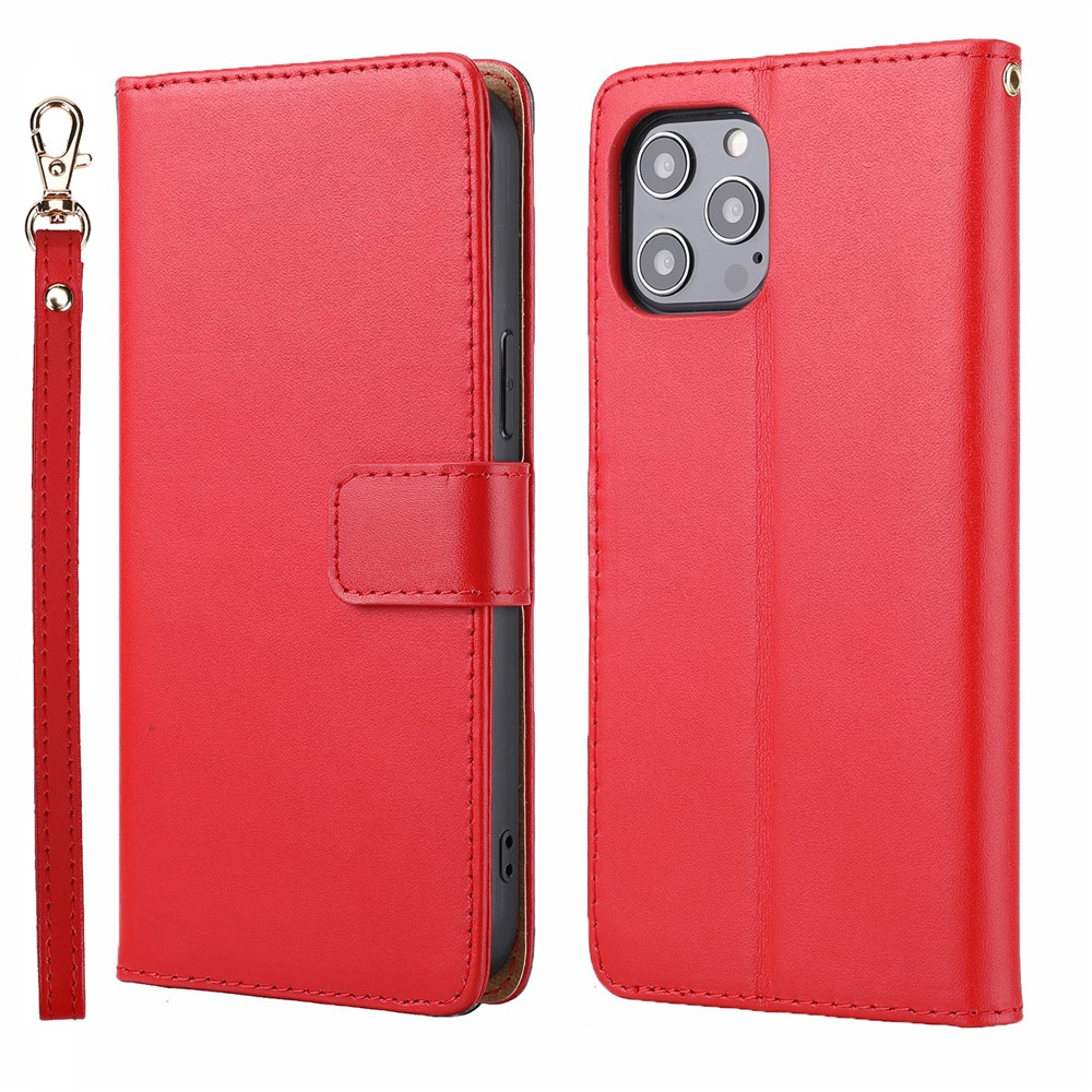 Anti-theft Design Phone Case Genuine Leather Phone Cover Wallet Stand Shell with Strap for iPhone 12 Pro Max 6.7 inch - Red-1