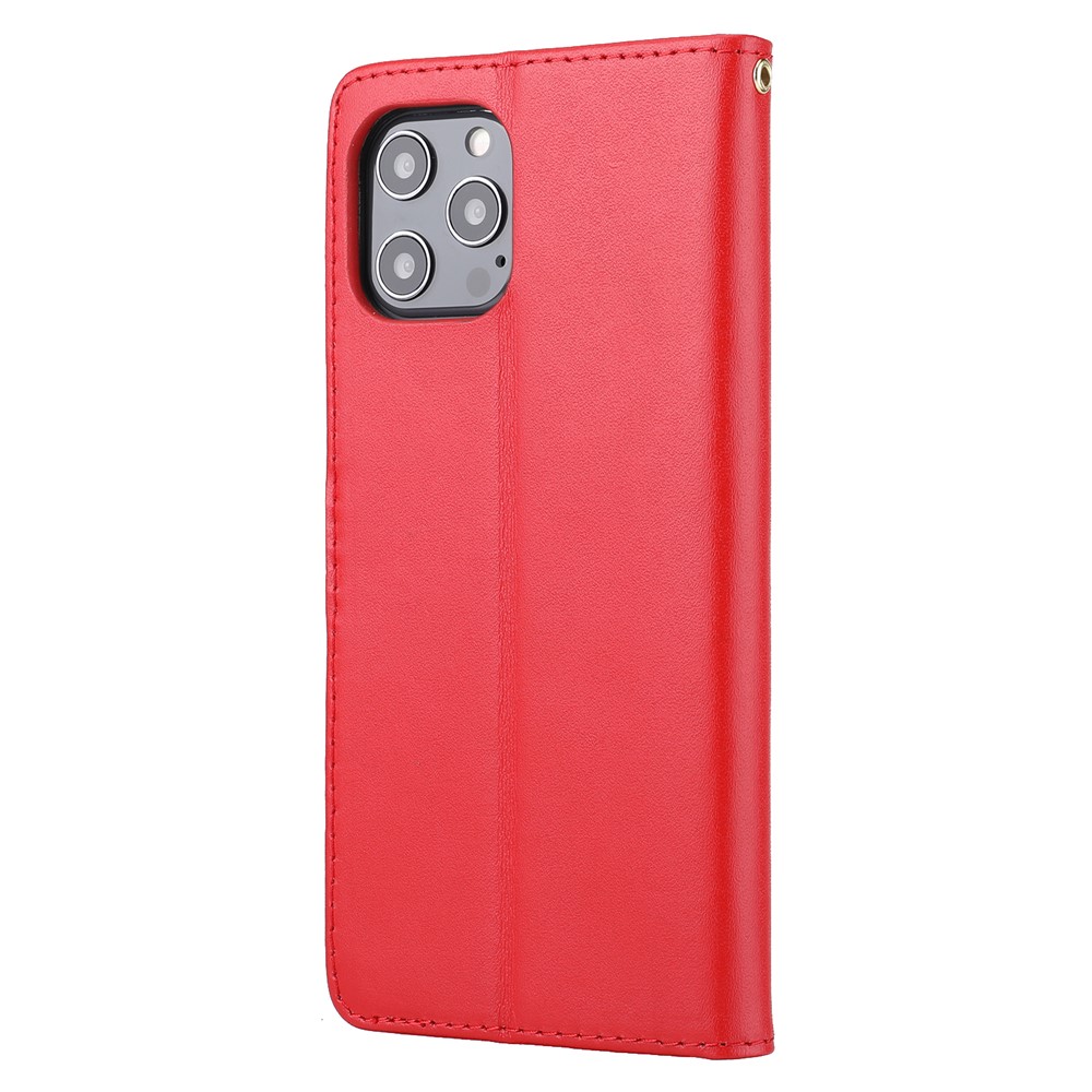 Anti-theft Design Phone Case Genuine Leather Phone Cover Wallet Stand Shell with Strap for iPhone 12 Pro Max 6.7 inch - Red-3