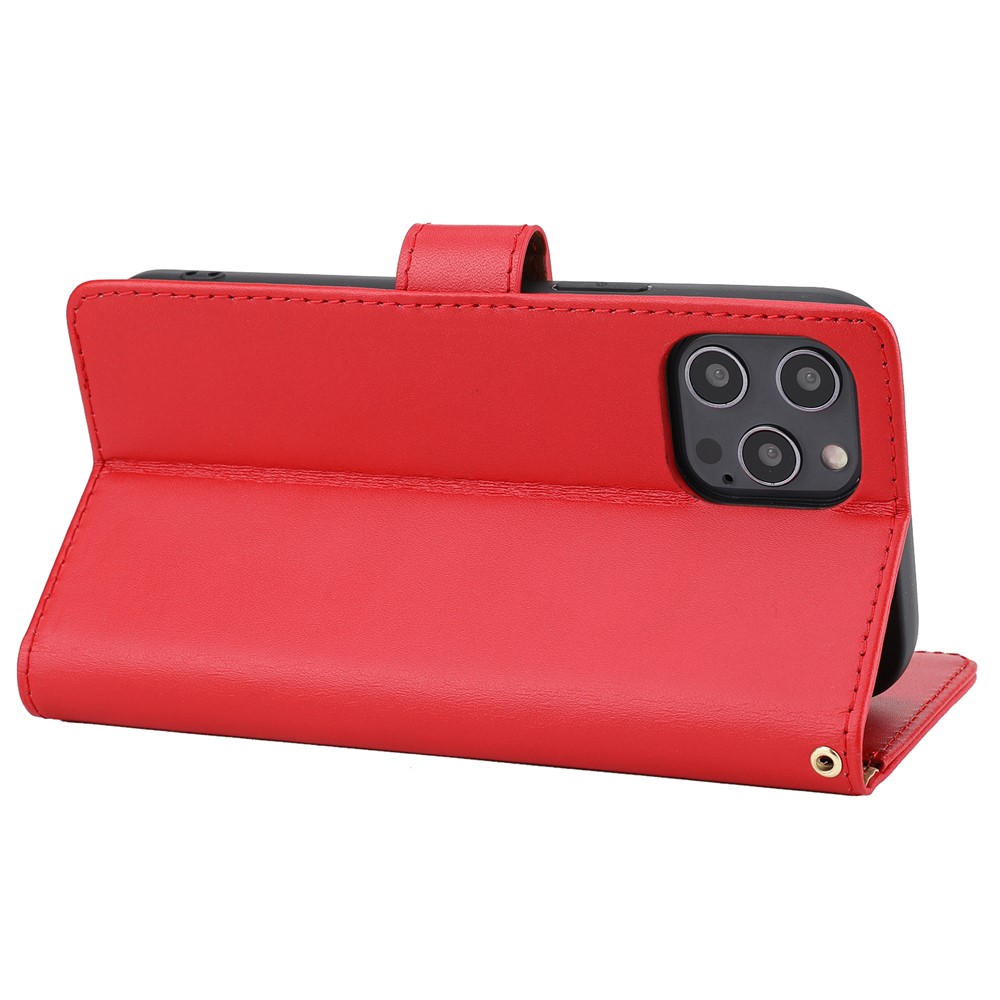 Anti-theft Design Phone Case Genuine Leather Phone Cover Wallet Stand Shell with Strap for iPhone 12 Pro Max 6.7 inch - Red-5